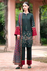 JAZMIN - 3PC DHANAK EMBROIDERED SHIRT WITH TWILL PRINTED SHAWL AND TROUSER - HZG1829